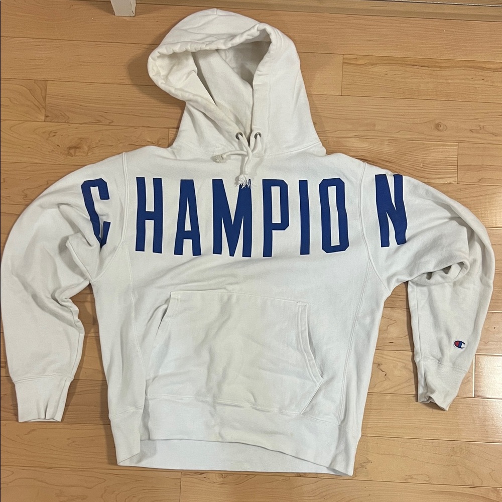 Champion Ivory Hoodie with Navy Lettering